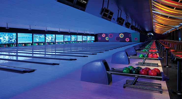 Interior view of Bowlero Orange County bowling alley