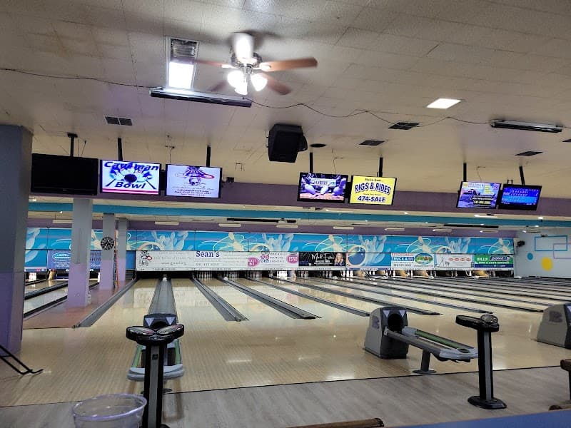 Interior view of Caveman Bowl bowling alley