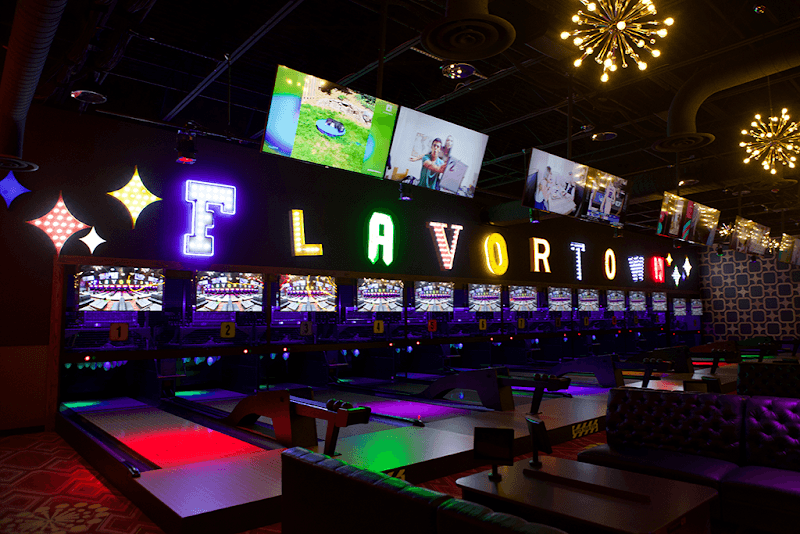 Interior view of Downtown Flavortown bowling alley