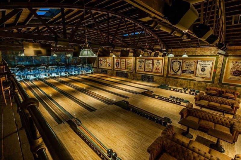Interior view of Highland Park Bowl bowling alley