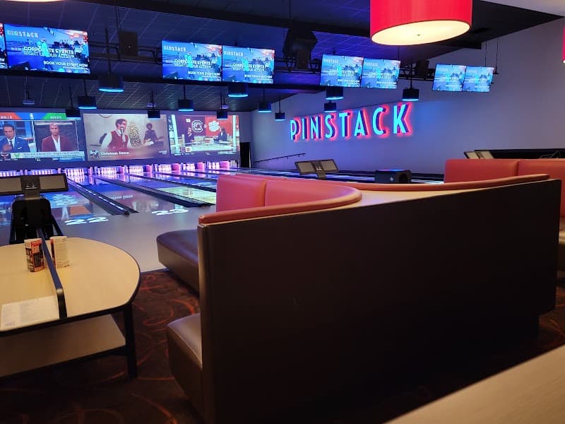 Interior view of PINSTACK bowling alley