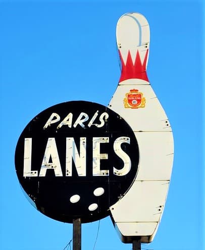 Interior view of Paris Lanes bowling alley