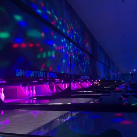 Interior view of Showtime Bowling Center bowling alley