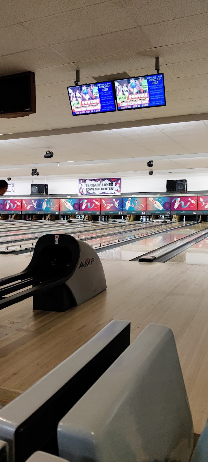 Interior view of Terrace Lanes Bowling Center bowling alley