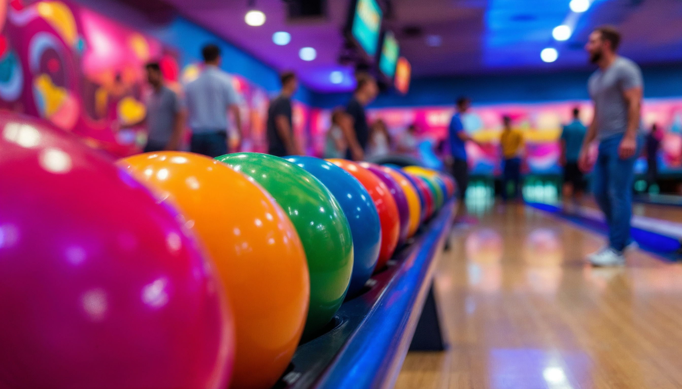 Group bowling night with colorful bowling balls